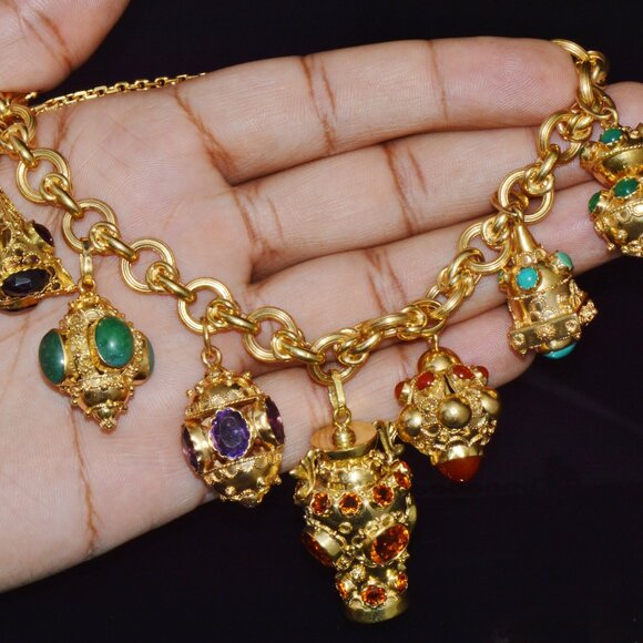 Estate Italian Etruscan Solid 18K Gold Citrine Turquoise Charm Fob Bracelet - Picture 14 of 14